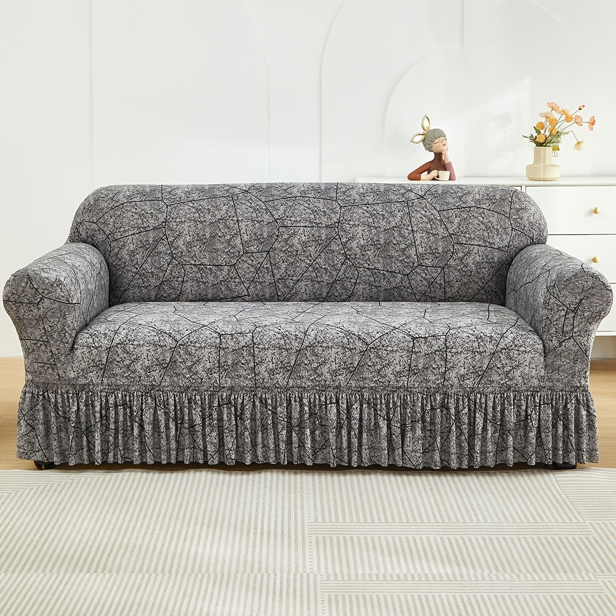Printed Elastic Skirt Sofa Cover Slipcover with Bottom Skirt | Stretch Fitted Couch Protector for Living Room, Single 2-Seater 3-Seater 4-Seater
