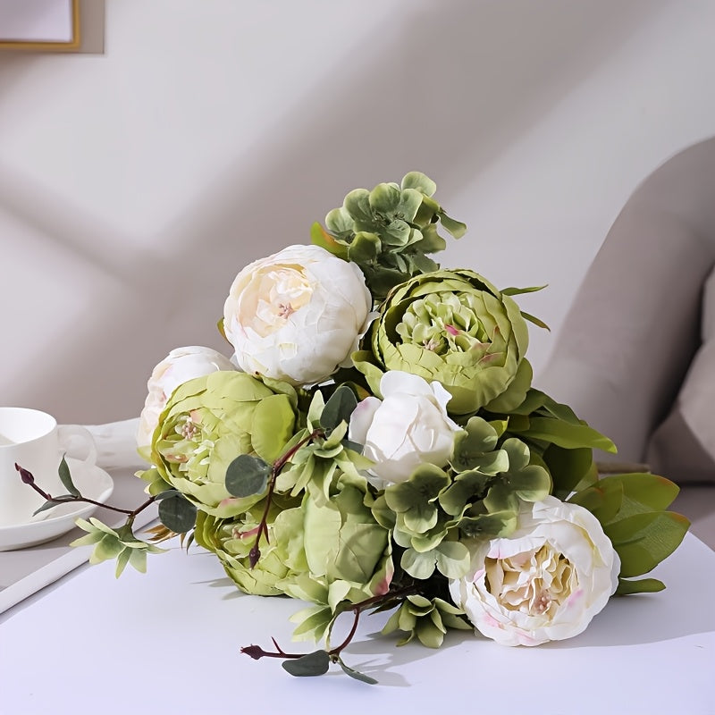 Vintage Peony Hydrangea Artificial Flowers 1-2 Bunches 13 26 Stems Rustic Brown Beige Green Mix | Fake Floral Centerpiece for Wedding Bridal Home Living Room Indoor Decor