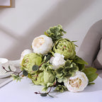 Vintage Peony Hydrangea Artificial Flowers 1-2 Bunches 13 26 Stems Rustic Brown Beige Green Mix | Fake Floral Centerpiece for Wedding Bridal Home Living Room Indoor Decor