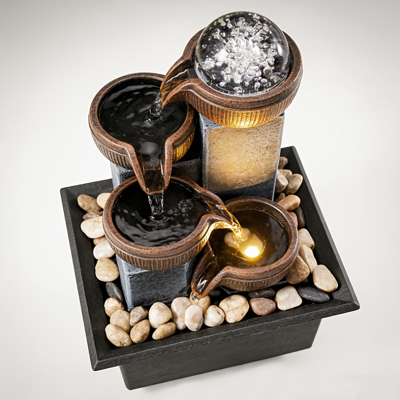 4-Tier Desktop Water Fountain with LED Lights, Decorative Bubble Balls & Natural River Stones, Indoor Tabletop Waterfall Fountain for Home & Office Relaxation, Meditation Zen Decor