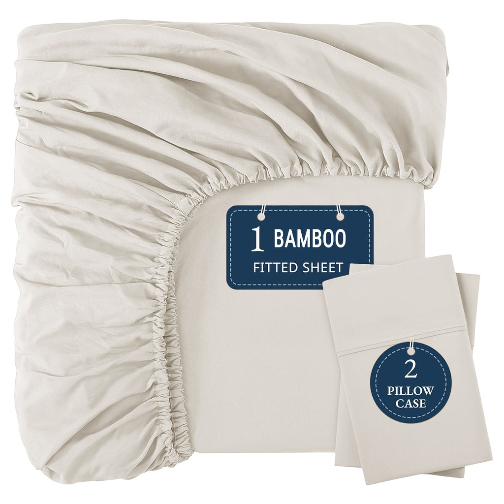 Bamboo Fitted Sheet Set 3pcs Cooling Breathable Soft Deep Pocket – 1 Fitted Sheet & 2 Pillowcases, Fits Mattress Up to 15", Twin Full Queen King, 12 Colors