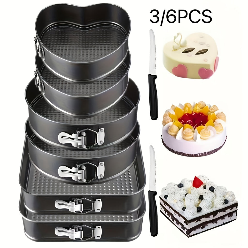 Non-Stick Springform Cake Pan Set - Carbon Steel Round & Heart-Shaped Baking Pans with Removable Bottom, Easy-Release, 3pc or 6pc Set, Black