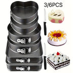 Non-Stick Springform Cake Pan Set - Carbon Steel Round & Heart-Shaped Baking Pans with Removable Bottom, Easy-Release, 3pc or 6pc Set, Black