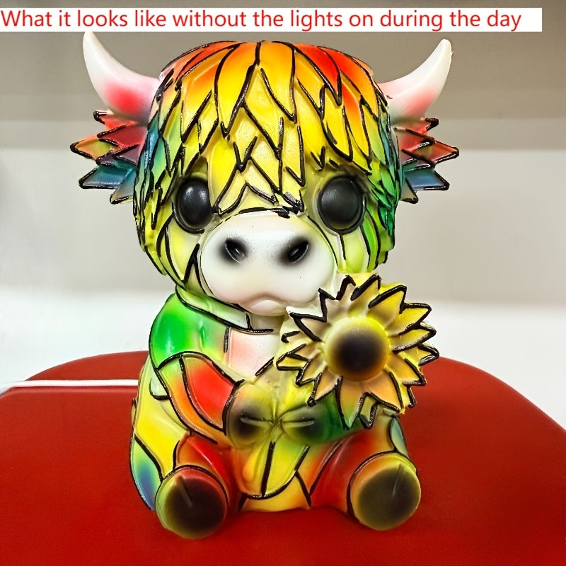 Sunflower Highland Cow Table Lamp – Warm-Toned Whimsical Light-Up Cow Statue Bedside Lamp & Tabletop Decoration, Perfect Gift for Animal Lovers & Home Decor