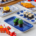 Ceramic Rectangular Serving Plates Set of 6 - Porcelain Sushi Platters 8 Inch with Blue White & Assorted Patterns, Microwave Dishwasher Oven Safe Dinnerware for Sushi Salad Dessert Appetizers