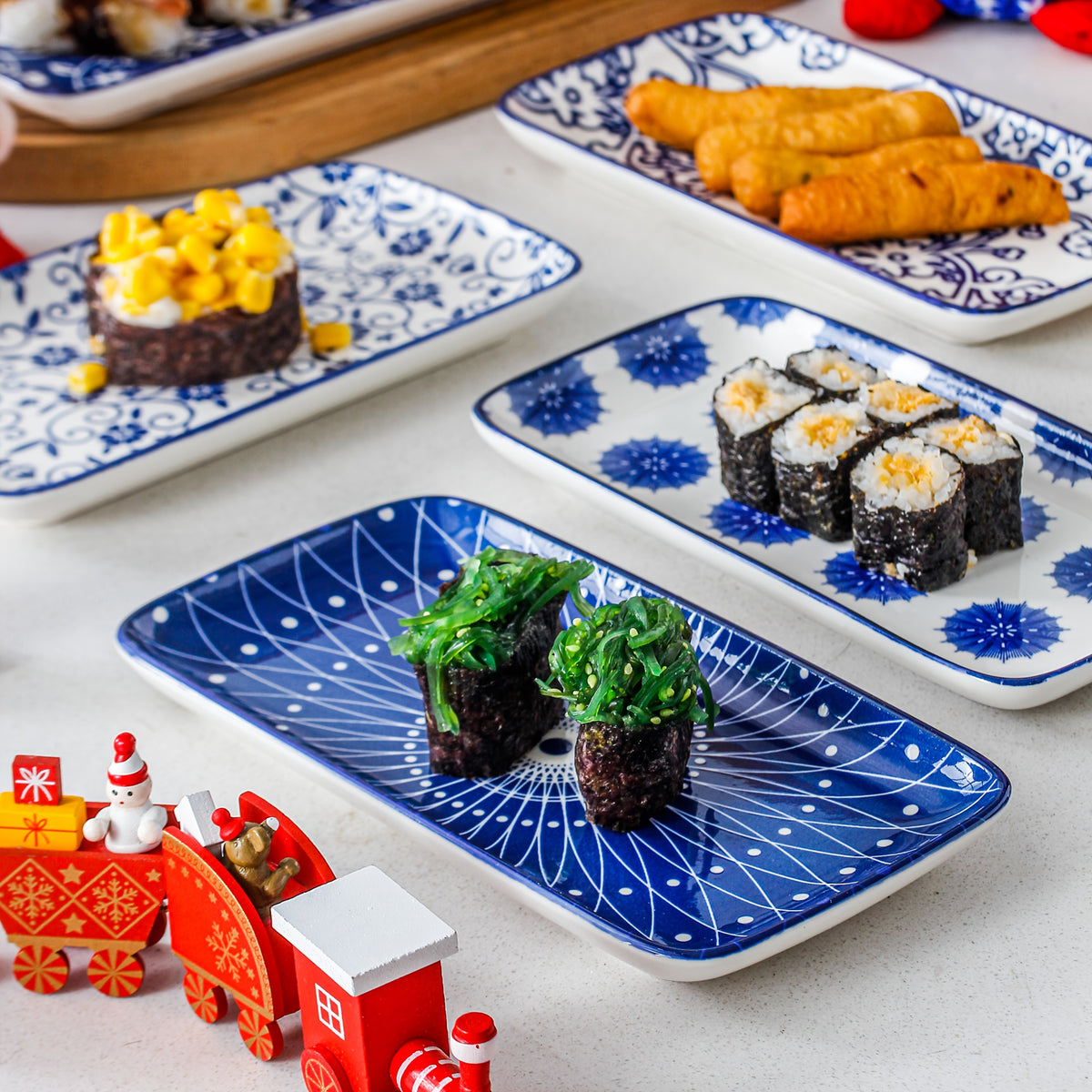 Ceramic Rectangular Serving Plates Set of 6 - Porcelain Sushi Platters 8 Inch with Blue White & Assorted Patterns, Microwave Dishwasher Oven Safe Dinnerware for Sushi Salad Dessert Appetizers