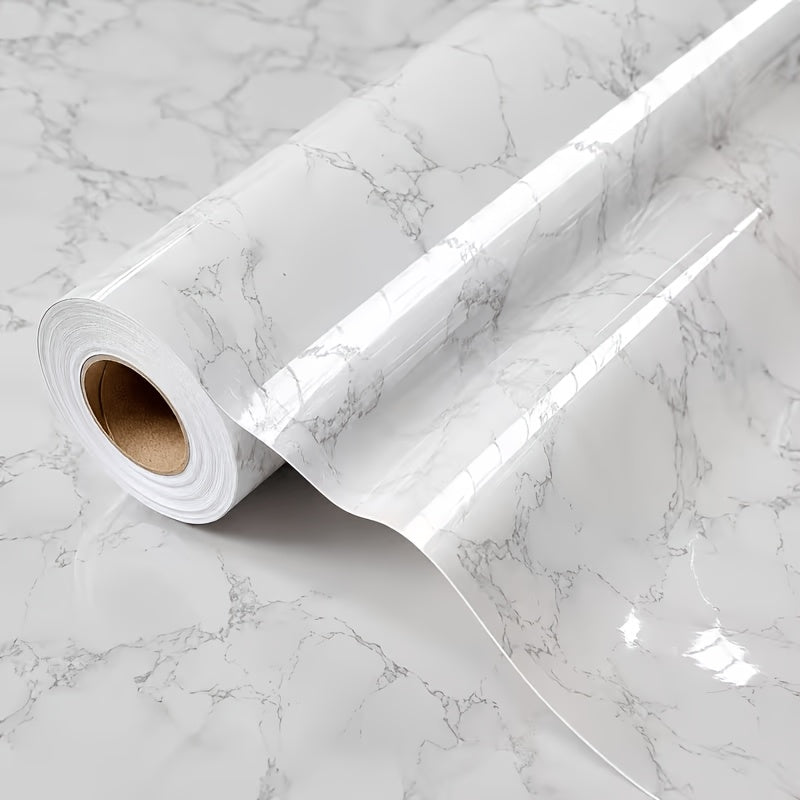 Marble Contact Paper Waterproof Self-Adhesive PET Film Heat Oil Resistant Glossy Vinyl Wrap for Kitchen Cabinets Bathroom Countertops Drawer Liner Furniture Decor White Black Marble 15.75x196.85 in