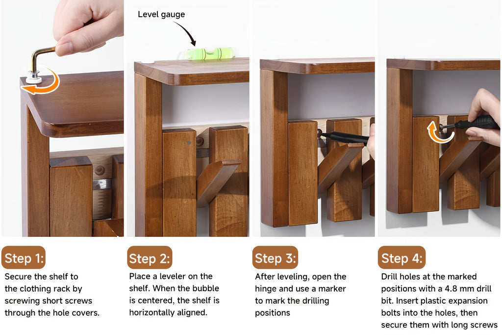Wall Mounted Coat Rack Foldable Hooks Solid Rubberwood 6 or 8 Hooks 22 lbs Capacity Floating Shelf Dual Installation Drilling or Adhesive for Entryway Bedroom Bathroom Living Room