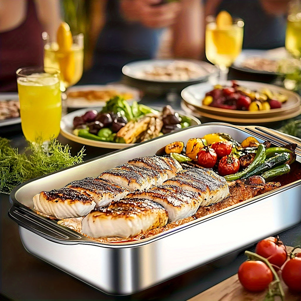 Stainless Steel Baking Tray Set of 4 – 2 Deep Trays & 2 Lids with Handles, 16.1 Inch Non-Stick Roasting Pan, Oven & BBQ Safe, Easy Clean, Multi-Purpose