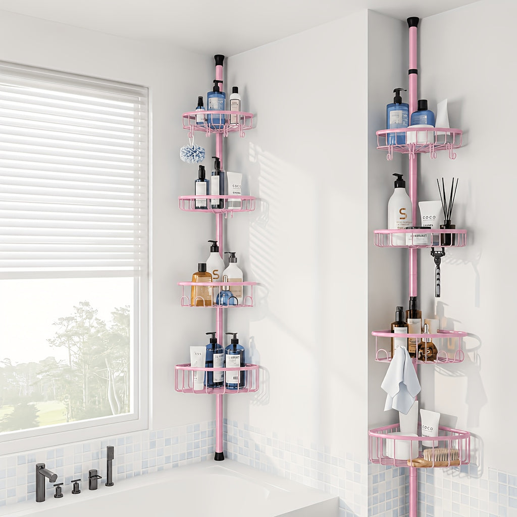 4-Tier Corner Shower Storage Rack No-Drill Telescopic Floor Standing Organizer – Rust-Resistant Stainless Steel, Adjustable 47–121 Inch, Bathtub Shampoo Shelf in Black