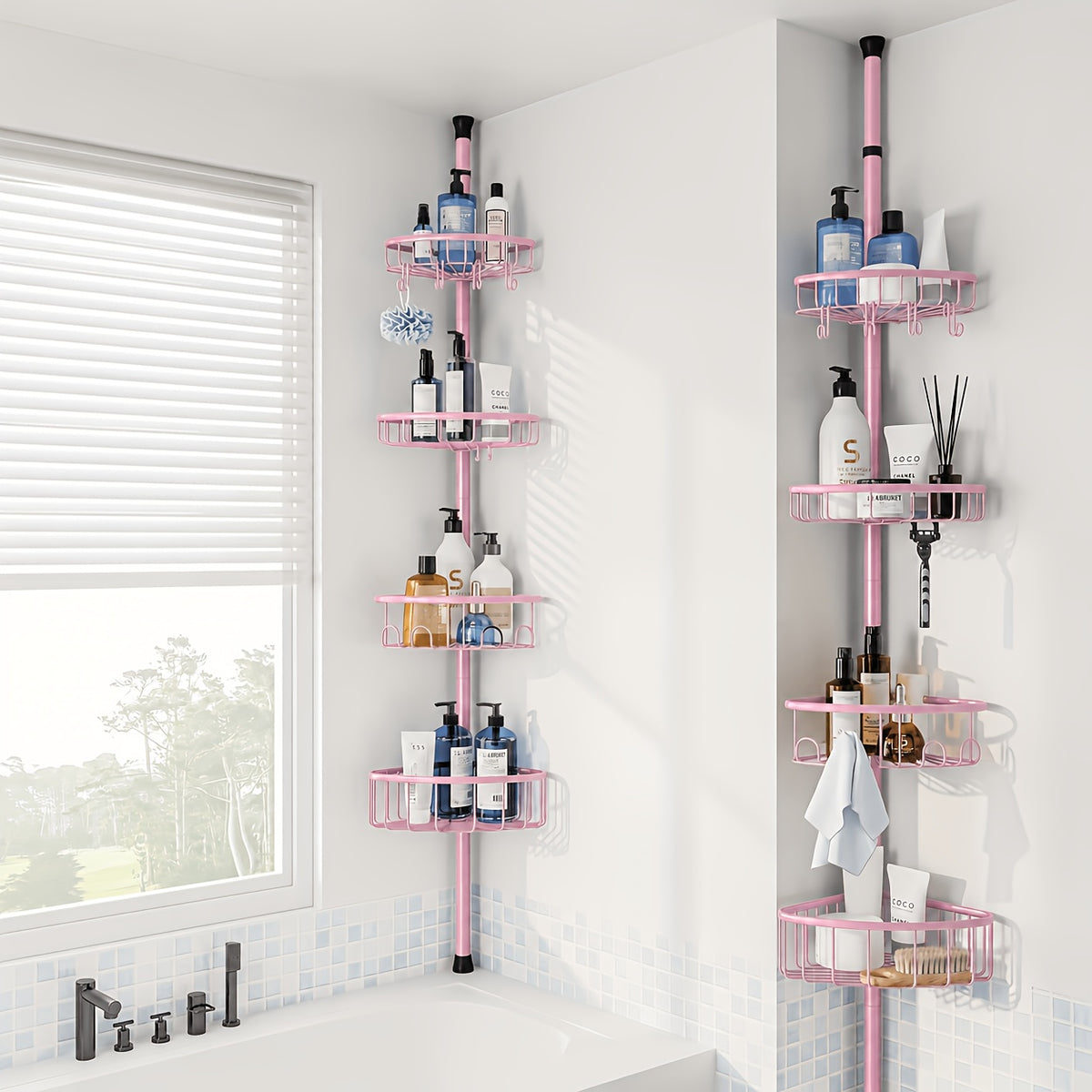 4-Tier Corner Shower Storage Rack No-Drill Telescopic Floor Standing Organizer – Rust-Resistant Stainless Steel, Adjustable 47–121 Inch, Bathtub Shampoo Shelf in Black