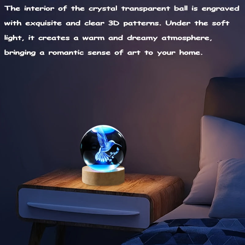 3D Hummingbird Crystal Ball Night Light Colorful LED Wooden Base Laser Engraved Hummingbird Statue Home Office Decor Holiday Gift for Teens Friends