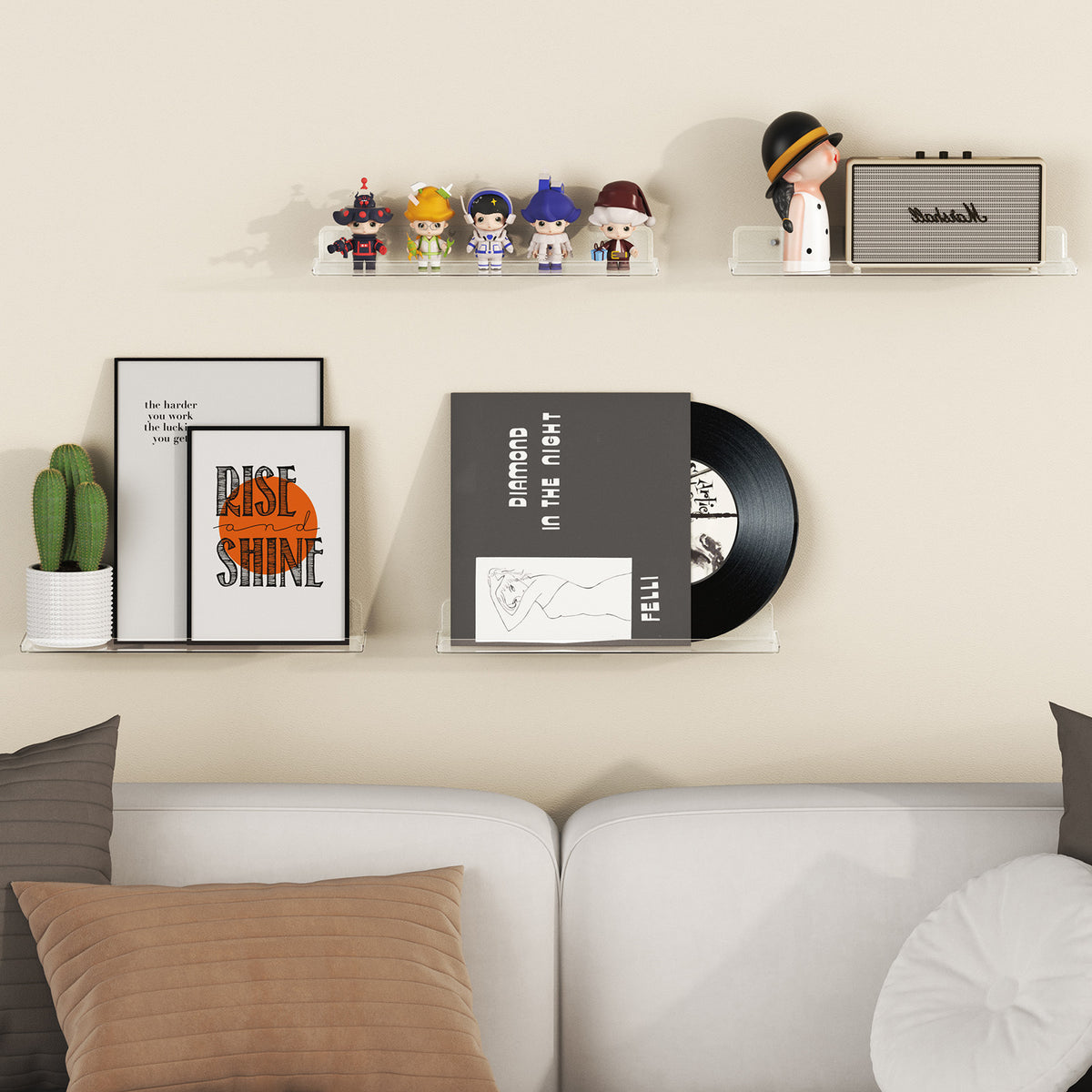 Floating Wall Shelf 15 Inch Transparent Acrylic – Clear Wall-Mounted Display Shelf for Books, Vinyl Records, Photos & Decor | Space-Saving Storage Organizer for Bedroom, Living Room, Bathroom & Kitchen