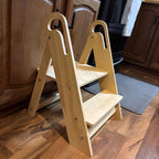 Kids Step Stool Foldable Anti-Slip Double Tier with Handle – Natural Wood Finish Children's Step Stool for Bathroom, Kitchen, Bedroom & Countertops