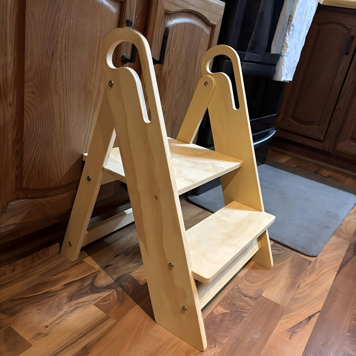 Kids Step Stool Foldable Anti-Slip Double Tier with Handle – Natural Wood Finish Children's Step Stool for Bathroom, Kitchen, Bedroom & Countertops