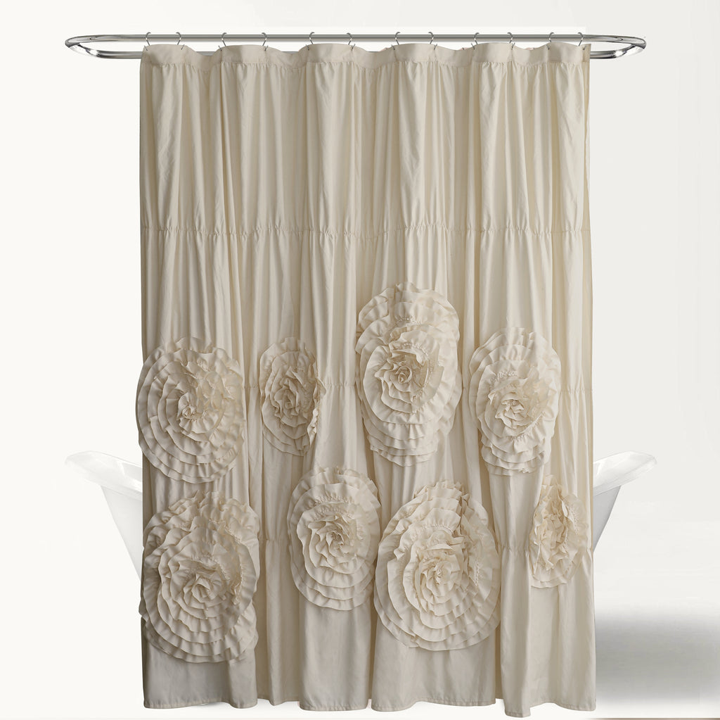 Ruffled Shower Curtain Farmhouse 72x72 - Handmade 3D Flower Vintage Ruched Fabric Bathroom Curtain, Victorian Romantic Luxury Decor, Black Pink Camel, Waterproof Microfiber 12 Holes