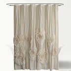 Ruffled Shower Curtain Farmhouse 72x72 - Handmade 3D Flower Vintage Ruched Fabric Bathroom Curtain, Victorian Romantic Luxury Decor, Black Pink Camel, Waterproof Microfiber 12 Holes