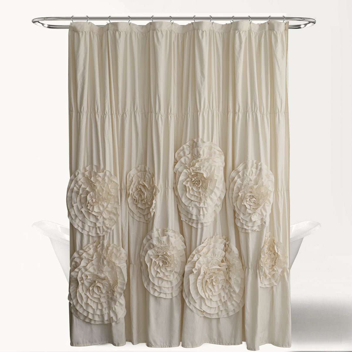 Ruffled Shower Curtain Farmhouse 72x72 - Handmade 3D Flower Vintage Ruched Fabric Bathroom Curtain, Victorian Romantic Luxury Decor, Black Pink Camel, Waterproof Microfiber 12 Holes