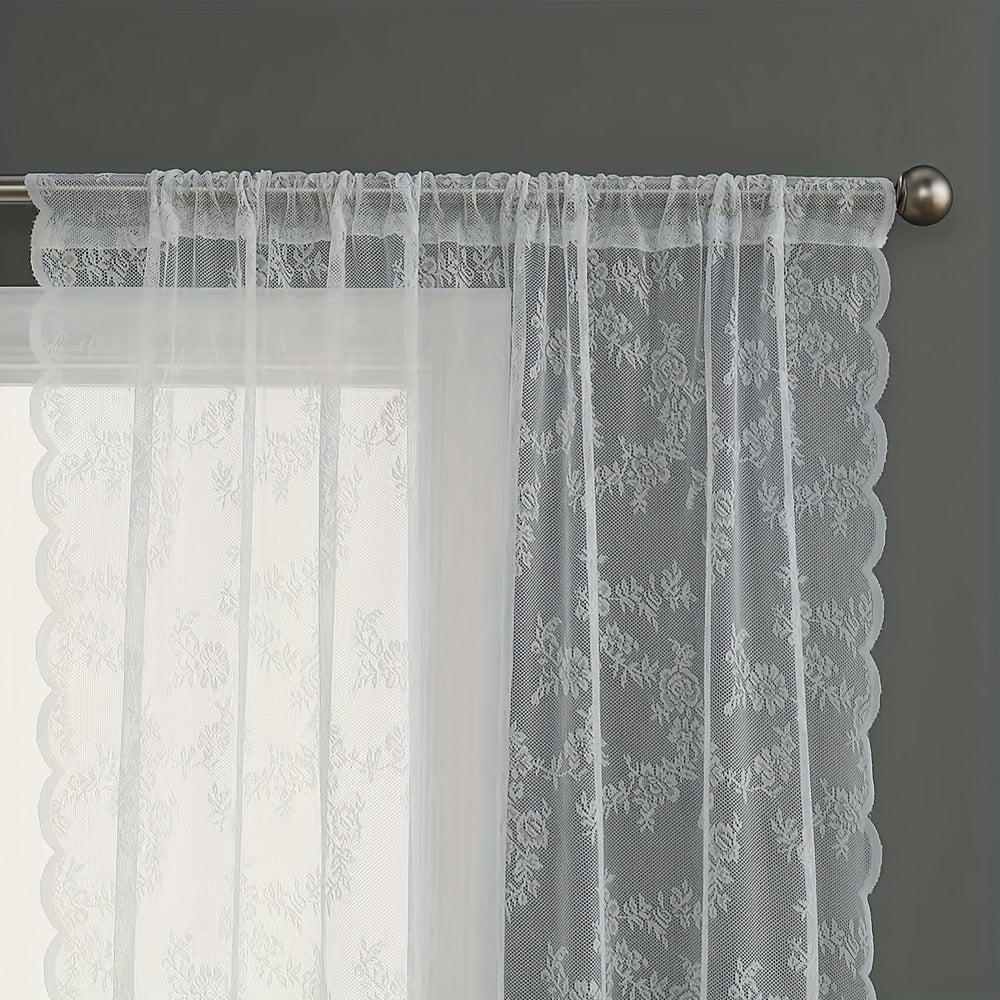Vintage Floral Lace Sheer Curtains 2 Panels - Yarn-Dyed Dotted Netting Rustic Pastoral Semi-Sheer, 59" Wide Light Filtering Machine Washable for Living Room Kitchen Door Outdoor Wedding, White Green Black