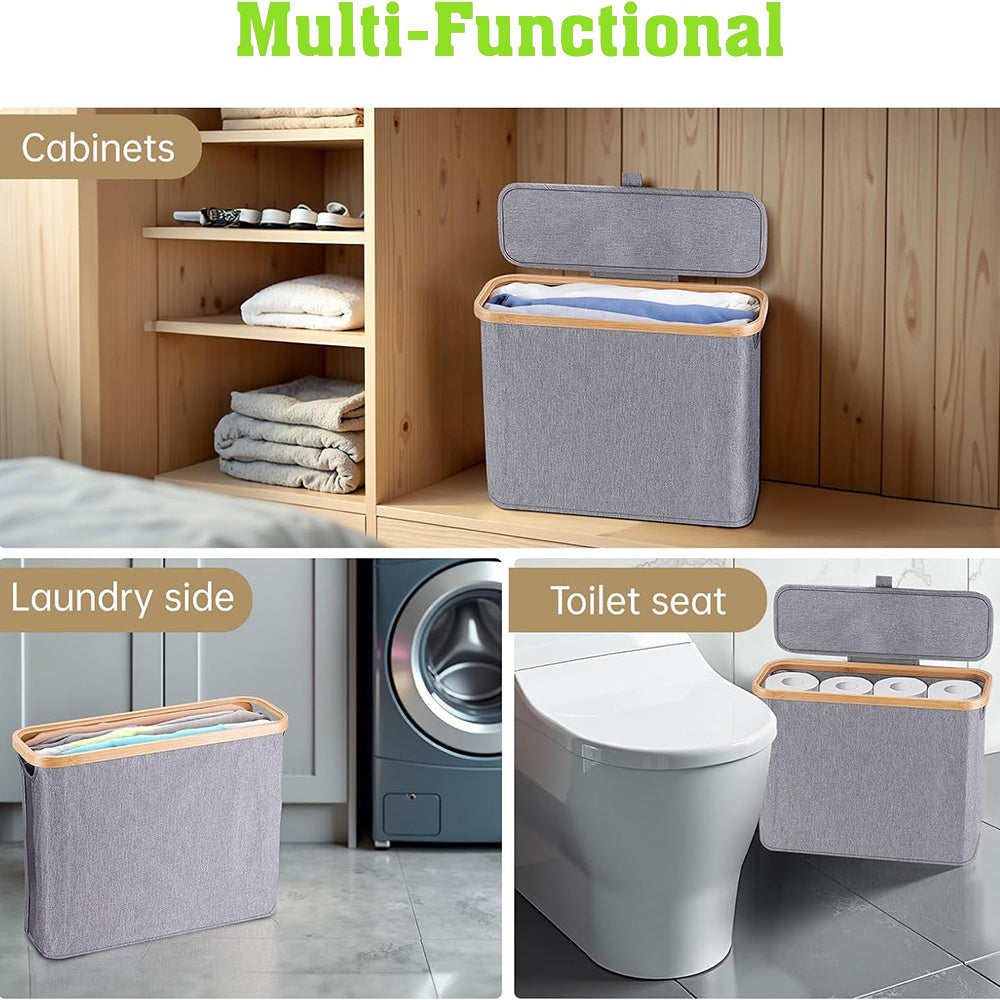 Bamboo Toilet Paper Storage Basket with Lid Holds 12 Rolls, Multi-Functional Bathroom Organizer with Tissue Holder Hook – Countertop Bathroom Decor, Black, Gray, White & Purple