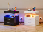 LED Nightstand with Charging Station USB Ports Outlets High Gloss Adjustable LED Lights 2 Storage Drawers Wood End Table Bedroom Living Room White Black 1pc or 2pcs