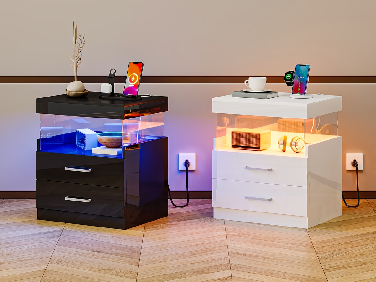 LED Nightstand with Charging Station USB Ports Outlets High Gloss Adjustable LED Lights 2 Storage Drawers Wood End Table Bedroom Living Room White Black 1pc or 2pcs