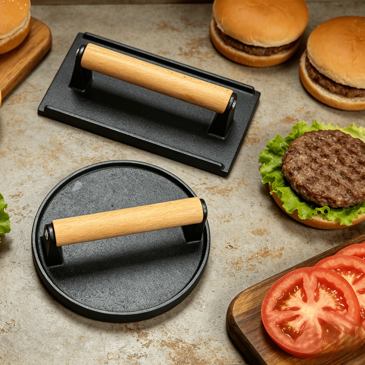 Cast Iron Smash Burger Press – Heavy Duty Dual-Size Beef Patty Smasher with Ergonomic Wood Handle, Grill Press for BBQ & Kitchen Smash Burgers, Round & Square