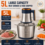 Food Processor 5L 500W Electric Meat Grinder & Vegetable Chopper - 6 Blades, 5 Speed Settings, Stainless Steel Bowl, 3 Attachments for Mincing Meat, Garlic, Baby Food Prep - Home Kitchen MG-1001