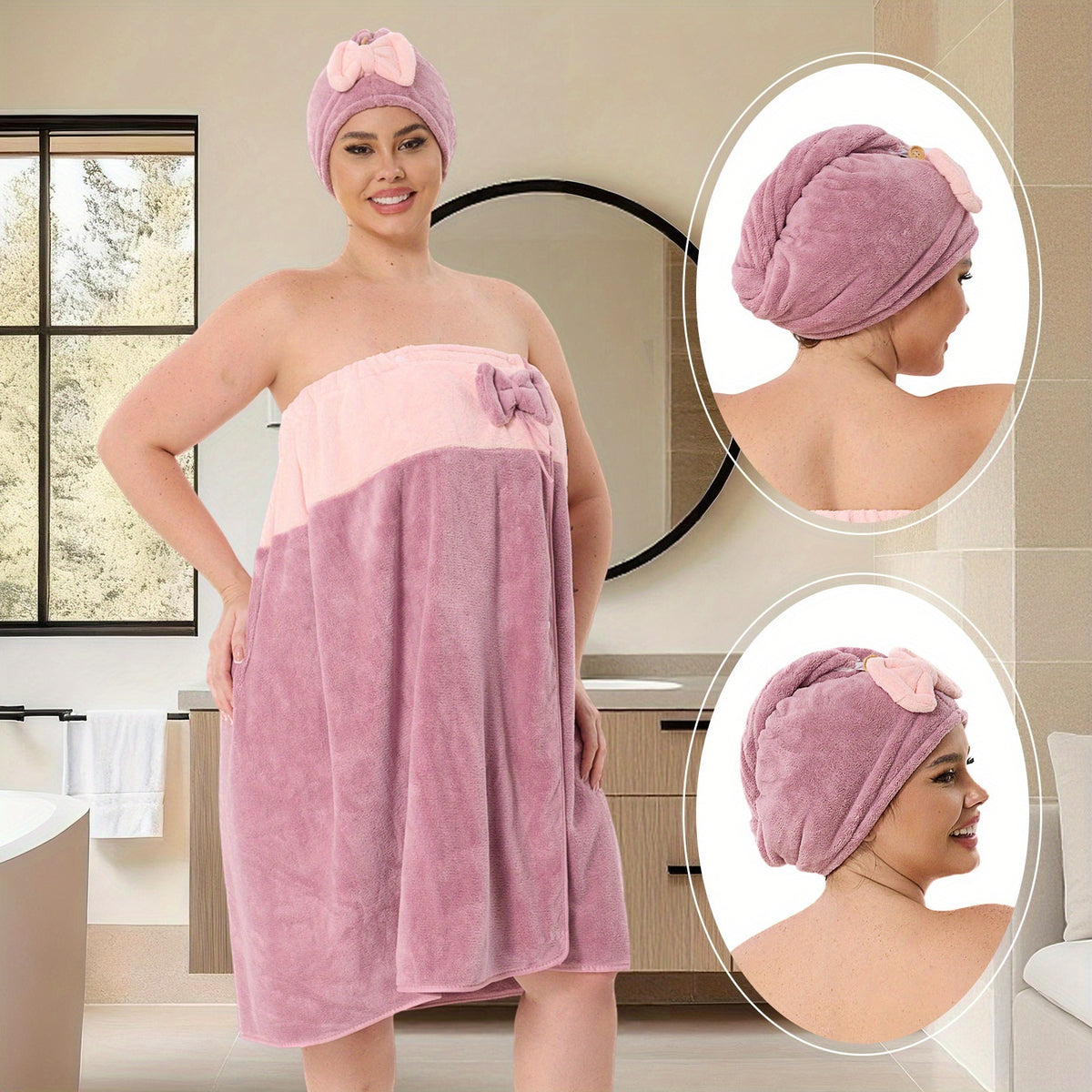 Adjustable Bath Wrap Skirt Set with Triangular Hair Drying Cap – Sizes S-XXXXL Spa Towel Wrap for Women, Home, Travel & Steam Room