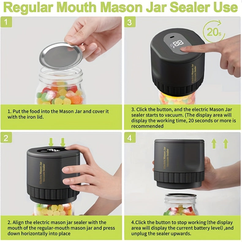 Electric Vacuum Mason Jar Sealing Kit with Lids for Wide Mouth & Regular Mouth Jars Food Preservation Vacuum Sealer