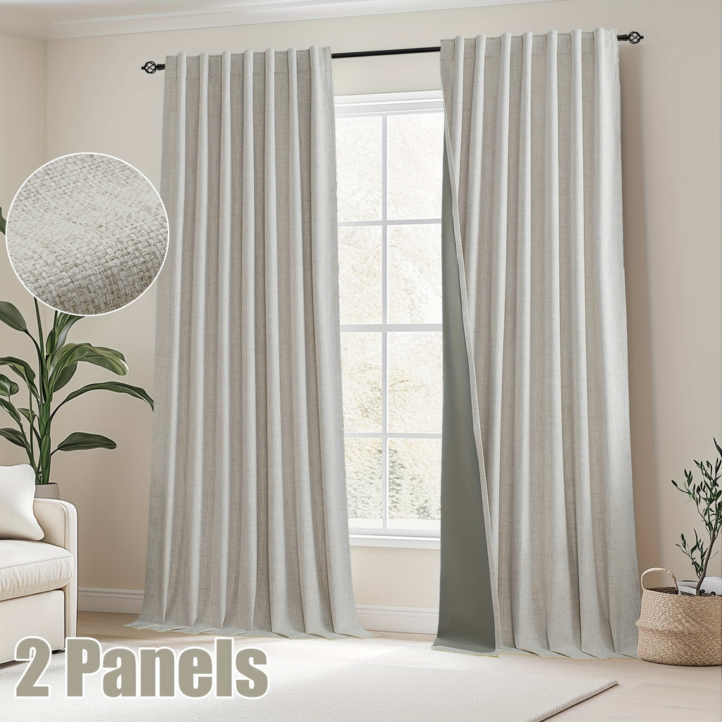 Faux Linen Blackout Curtains 2 Panels for Bedroom & Living Room – 100% Blackout, Back Tab & Rod Pocket, Thermal Insulated Farmhouse Drapes