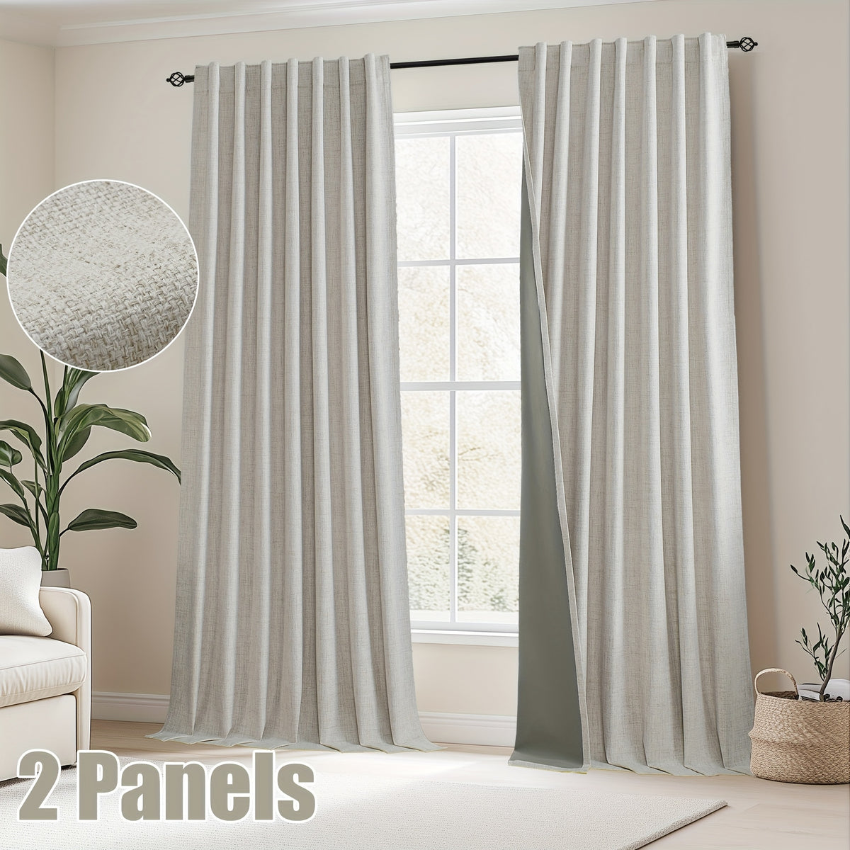 Faux Linen Blackout Curtains 2 Panels for Bedroom & Living Room – 100% Blackout, Back Tab & Rod Pocket, Thermal Insulated Farmhouse Drapes