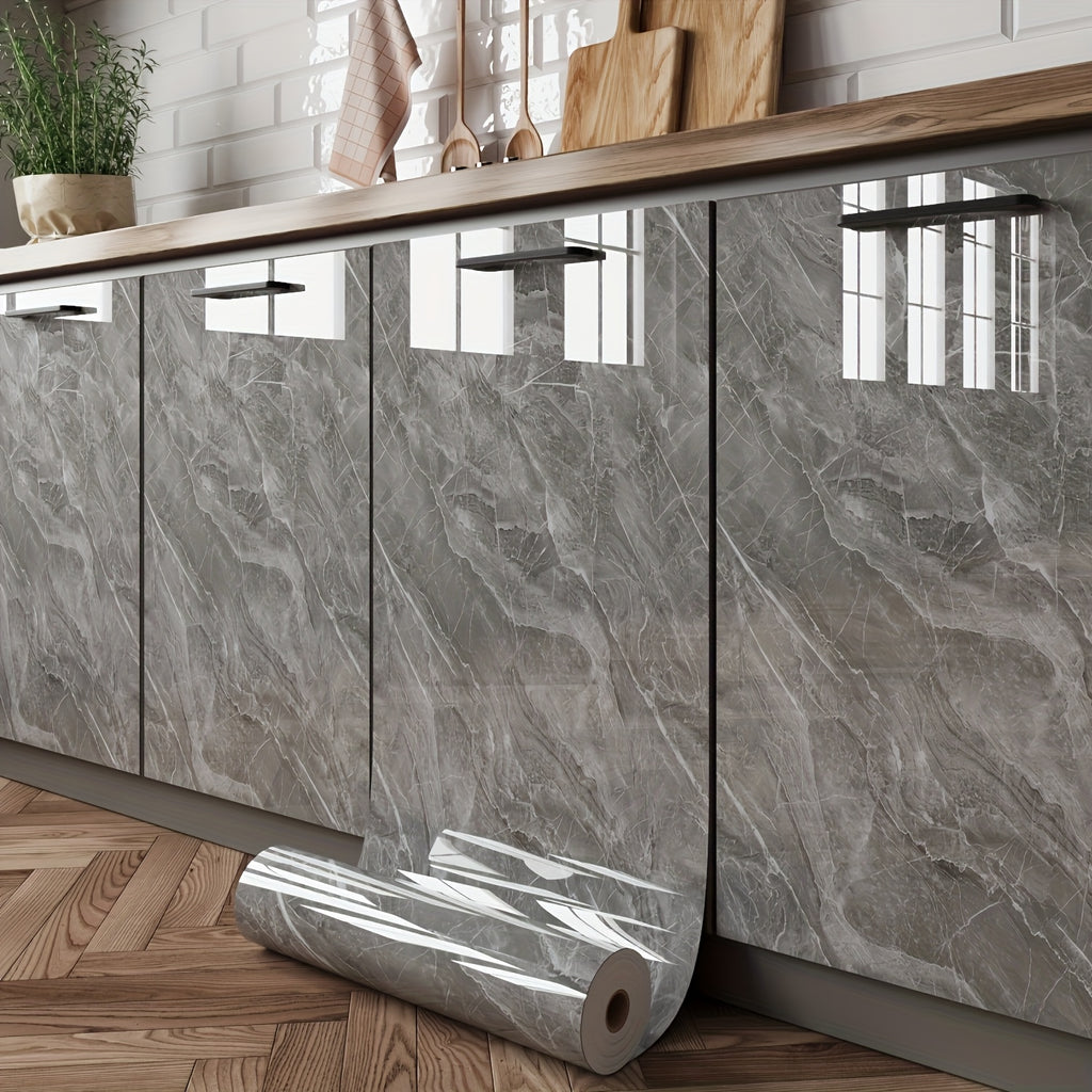 Marble Contact Paper Waterproof Self-Adhesive PET Film Heat Oil Resistant Glossy Vinyl Wrap for Kitchen Cabinets Bathroom Countertops Drawer Liner Furniture Decor White Black Marble 15.75x196.85 in