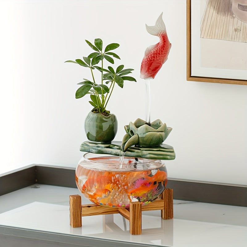 USB Powered Glass & Ceramic Fish Waterfall Desktop Fountain – Hanging Goldfish Design, Decorative Water Feature with Glass Fish & Plants for Living Room, Office & Zen Decor, Unique Gift