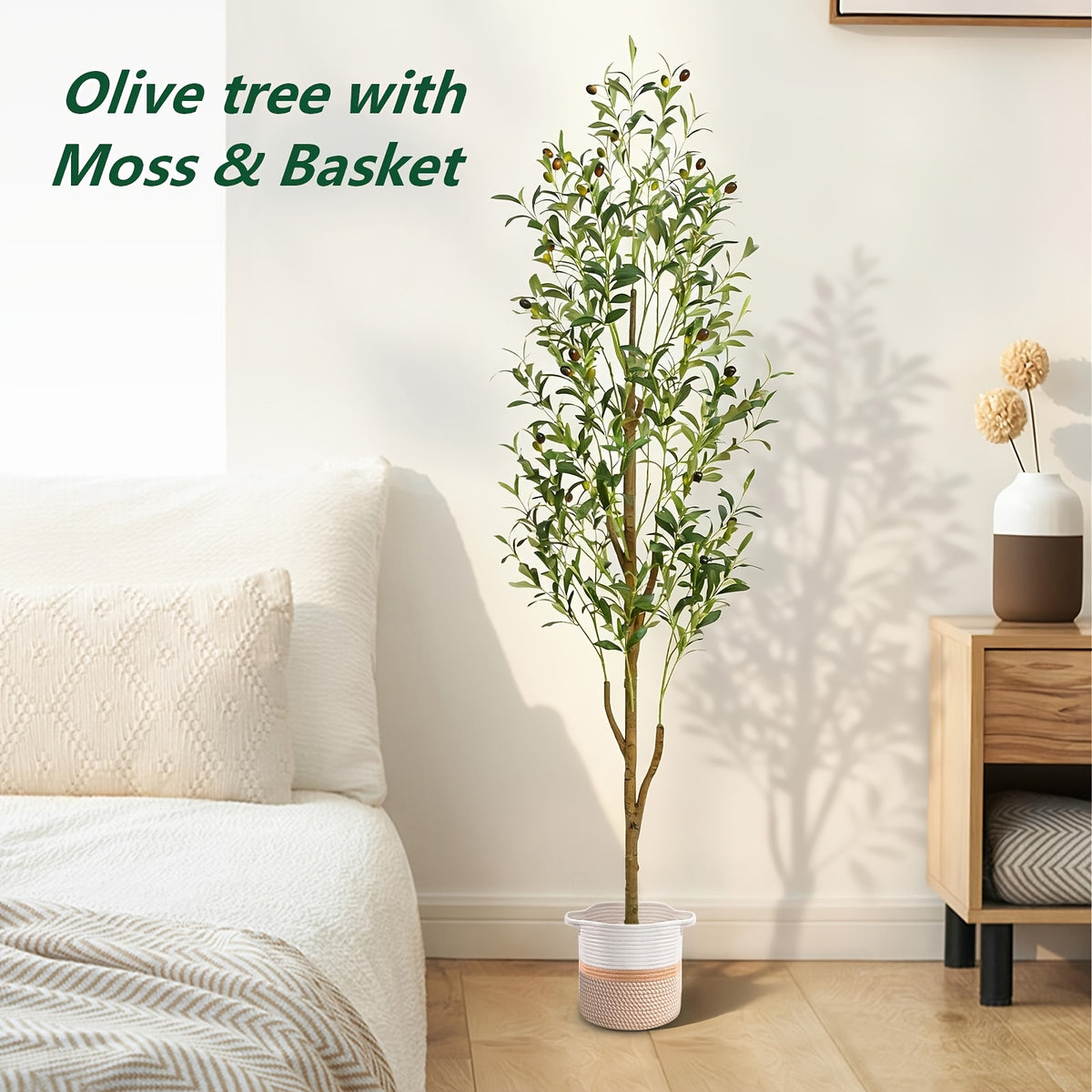 Artificial Olive Tree with Basket, Planter & Moss 5ft 6ft 7ft – Tall Indoor Fake Olive Plant with Realistic Wood Trunk, Lifelike Branches & Fruits for Office, Living Room & Spring Summer Home Decor