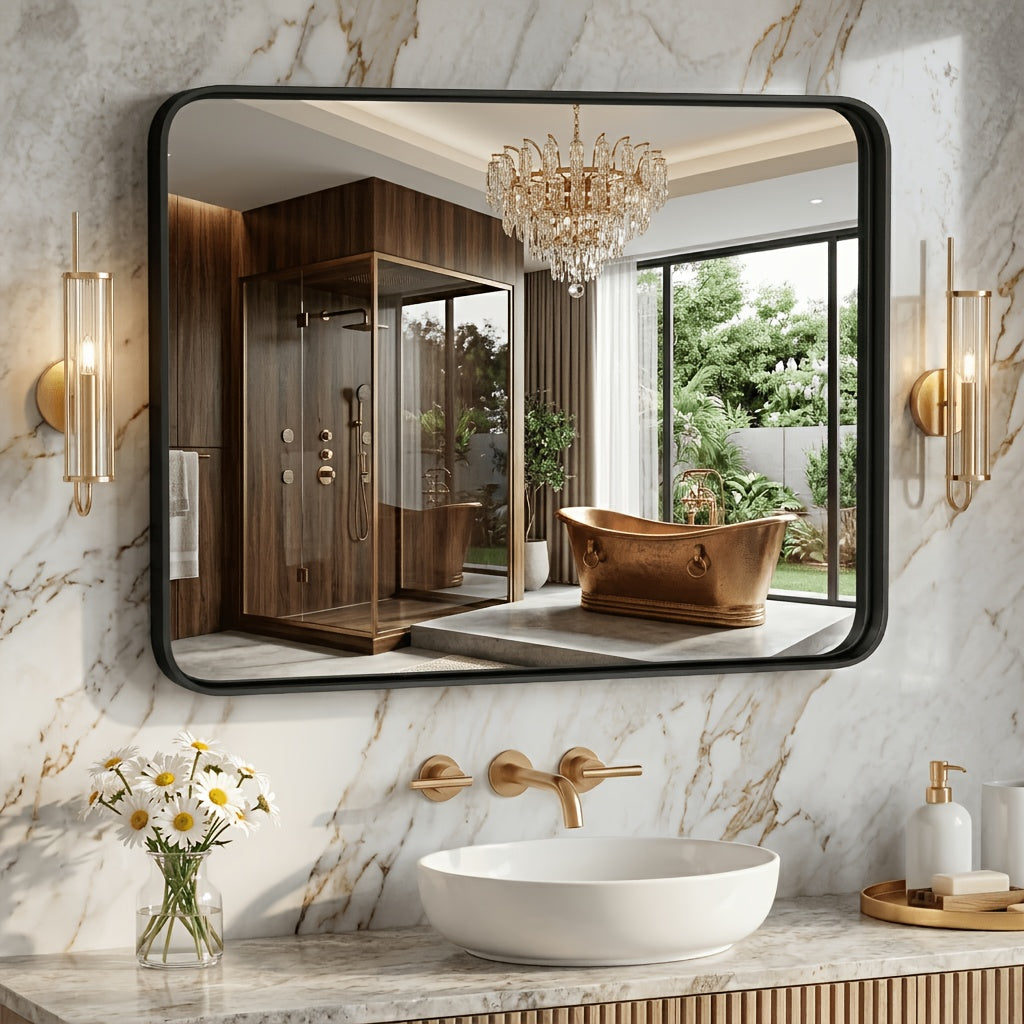 Metal Framed Rounded Rectangle Wall Mirror for Bathroom – Over Sink, Horizontal or Vertical Hanging, Modern Farmhouse Decor, Matte Black, Gold & Silver, Multiple Sizes 16x20 to 36x48 In