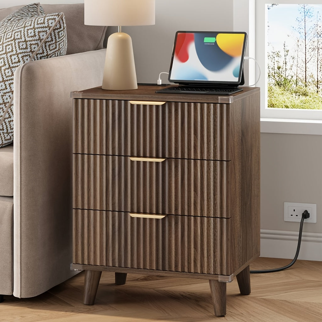 Nightstand with Charging Station – 3-Drawer Bedside Table with 2 USB Ports & 2 AC Outlets, Small Bedroom Side Table | Set of 1 or 2 | Wood, Black, White, Brown