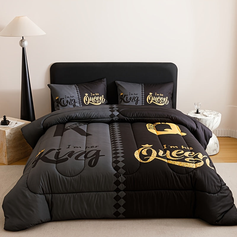 3-Piece Comforter Set Black Grey Color Block Crown Letter Print, Soft Breathable 180GSM Quilted Bedding Set with 2 Pillowcases, Digital Printing, Twin Full Queen King for Bedroom & Dorm