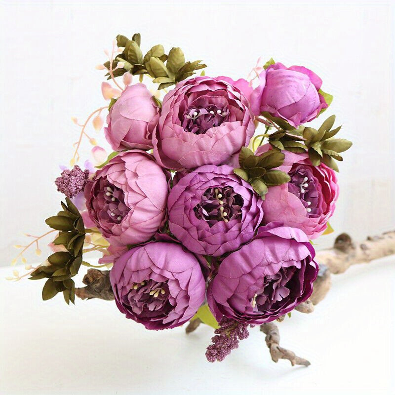 Artificial Peony Bouquet 13 Heads UV-Resistant Realistic Silk Flowers with Green Foliage Sturdy Stems Pink Red White Blue Purple Yellow Lavender Peach for Wedding Home Garden Office Indoor Floral Decor