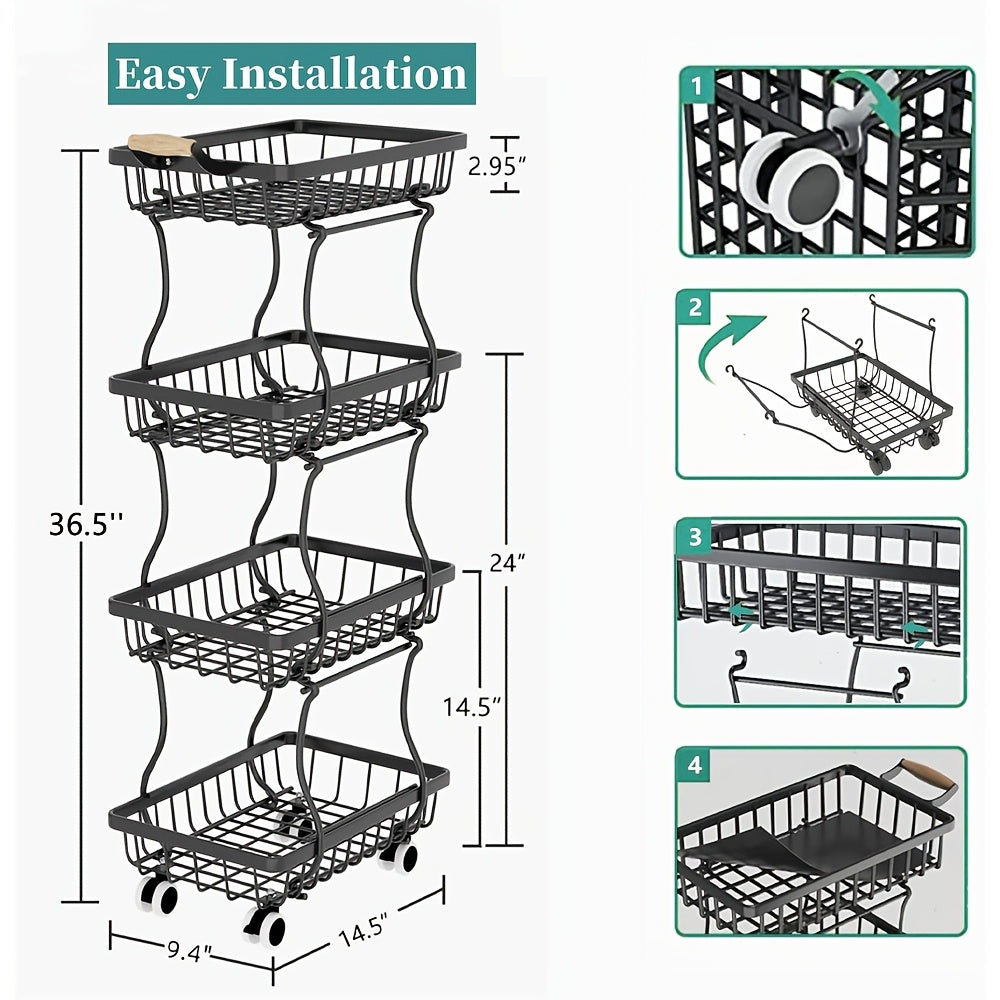 Fruit and Vegetable Basket Storage Cart with Wheels 4-Tier & 5-Tier Stackable Metal Rolling Produce Rack for Kitchen Pantry Bathroom Corner