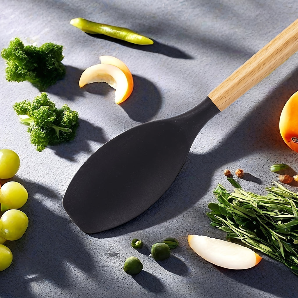 19-Piece Kitchen Knife & Utensil Set with Block – Silicone Cooking Tools, Wooden Handles, Stainless Steel Knives, Cutting Board & Scissors | All-in-One Kitchen Starter Set for Home, Dorm & Housewarming Gift