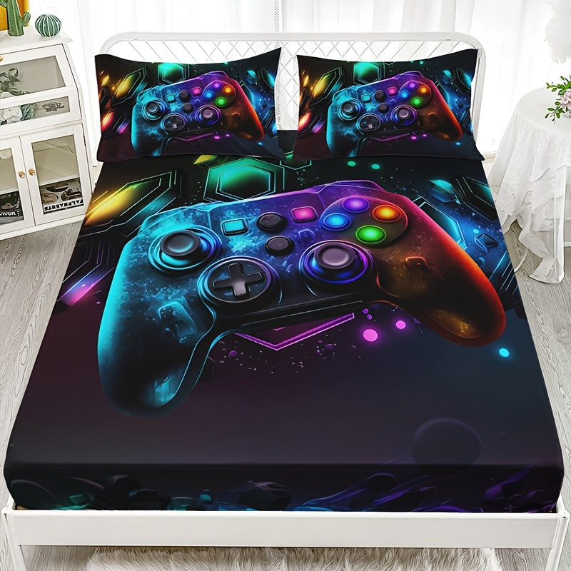 Gamepad Bed Sheet Set 3 Piece – Sports & Leisure Video Game Print Flat Sheet with 2 Pillowcases, Deep Pocket 15" Mattress Fit, High Definition Print Bedroom Decor Gift for Boys and Girls