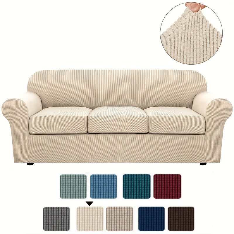 Grid Pattern Elastic Sofa Cover – Anti-Slip Full Coverage Stretchable Sofa Protector Machine Washable Classic Design for Living Room Bedroom Office