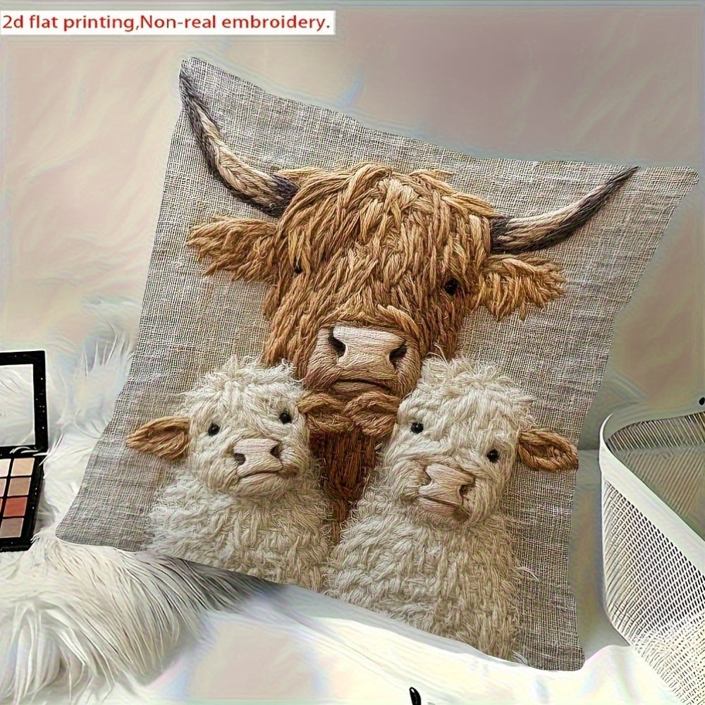 Highland Cow Family Farmhouse Decorative Pillow Cover 18x18 Inch – Soft Polyester Woven Print Cushion Cover with Zipper, Machine Washable, Country Cow Home Decor for Sofa Bed Living Room