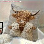 Highland Cow Family Farmhouse Decorative Pillow Cover 18x18 Inch – Soft Polyester Woven Print Cushion Cover with Zipper, Machine Washable, Country Cow Home Decor for Sofa Bed Living Room