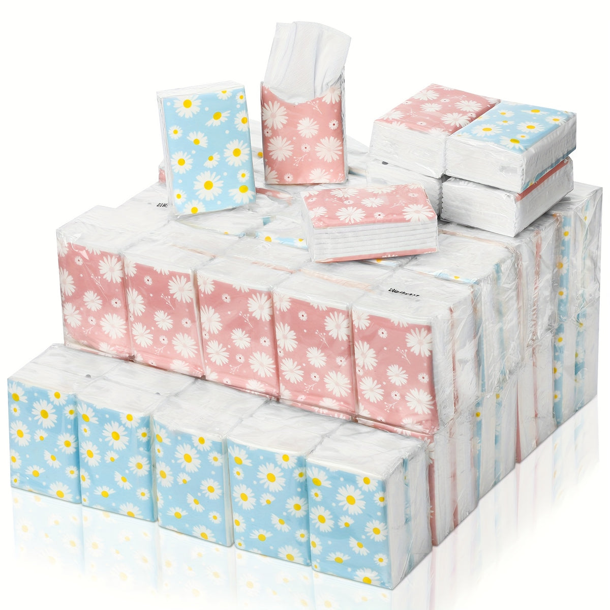Travel Tissue Packs 100 Pack 3-Ply Facial Tissues Floral Daisy Design - Bulk Pocket Tissues for Weddings Bridal Showers Funerals & Everyday Household Use