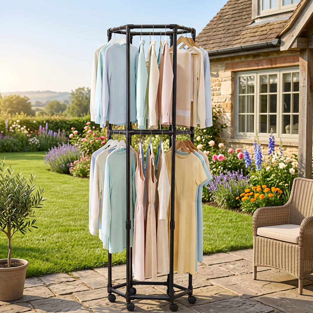 360° Rotating Clothes Rack with Wheels Heavy Duty Metal Hexagonal Garment Organizer for Bedroom Closet Laundry Room