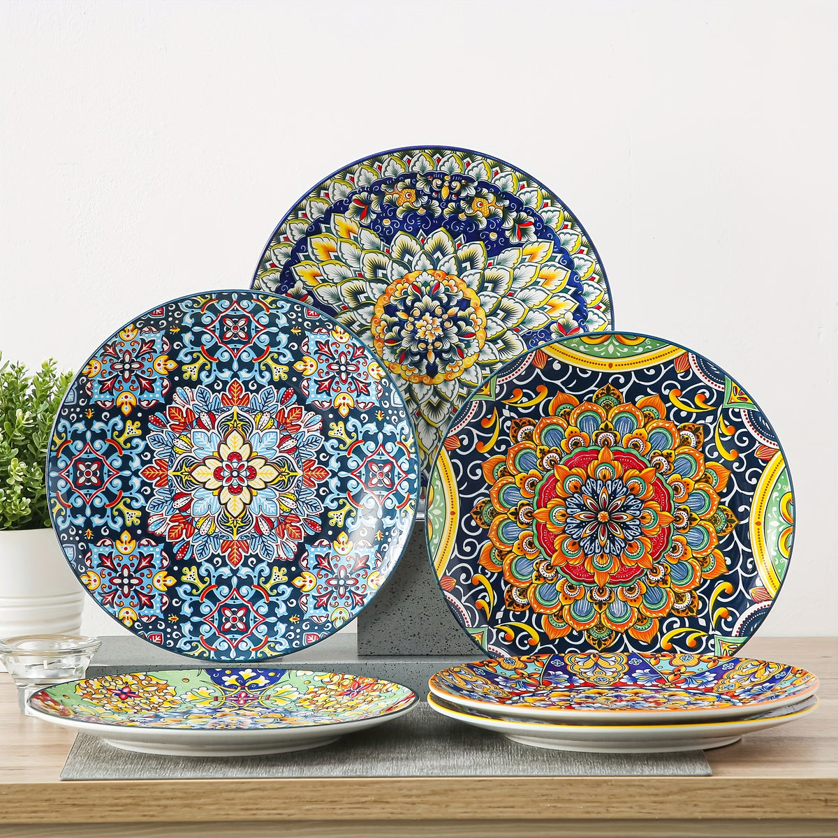 Bohemian Stoneware Dinner Plate Set of 6 – 10.5 Inch Colorful Hand-Painted Ceramic Plates | Microwave & Dishwasher Safe | Home, Restaurant & Wall Decor