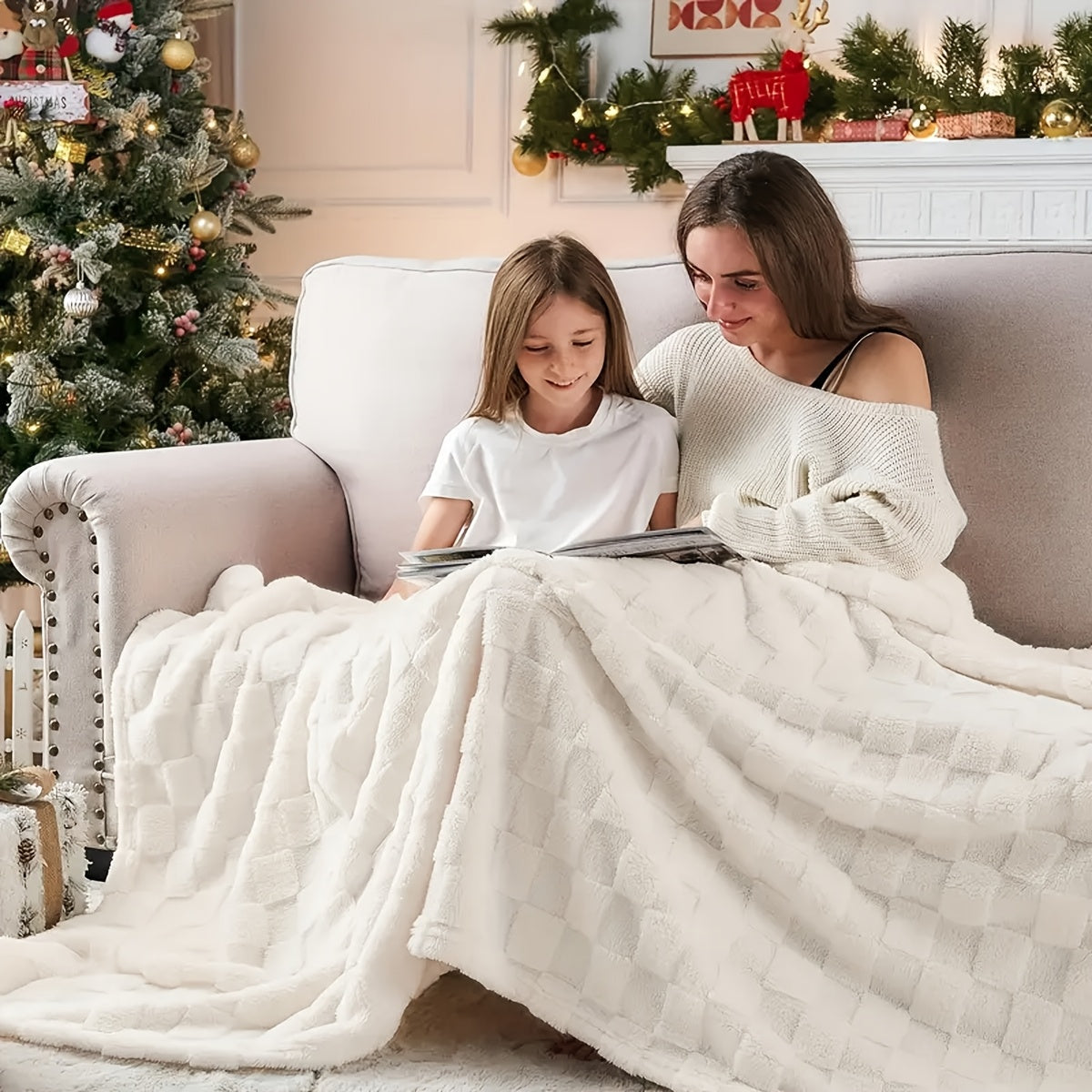 Checkered Fleece Throw Blanket Ultra Soft Cozy Shaggy Jacquard for Couch Bed Bedroom All Season Machine Washable Twin Full Queen