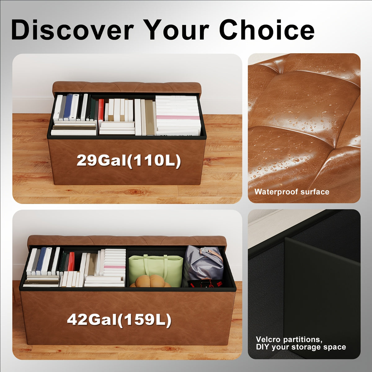 Storage Ottoman Bench with Pull-Out Drawer – 880 lbs Capacity Folding Footrest, Synthetic Leather, 30 & 43 Inch, for Living Room Bedroom Office, Grey & Brown